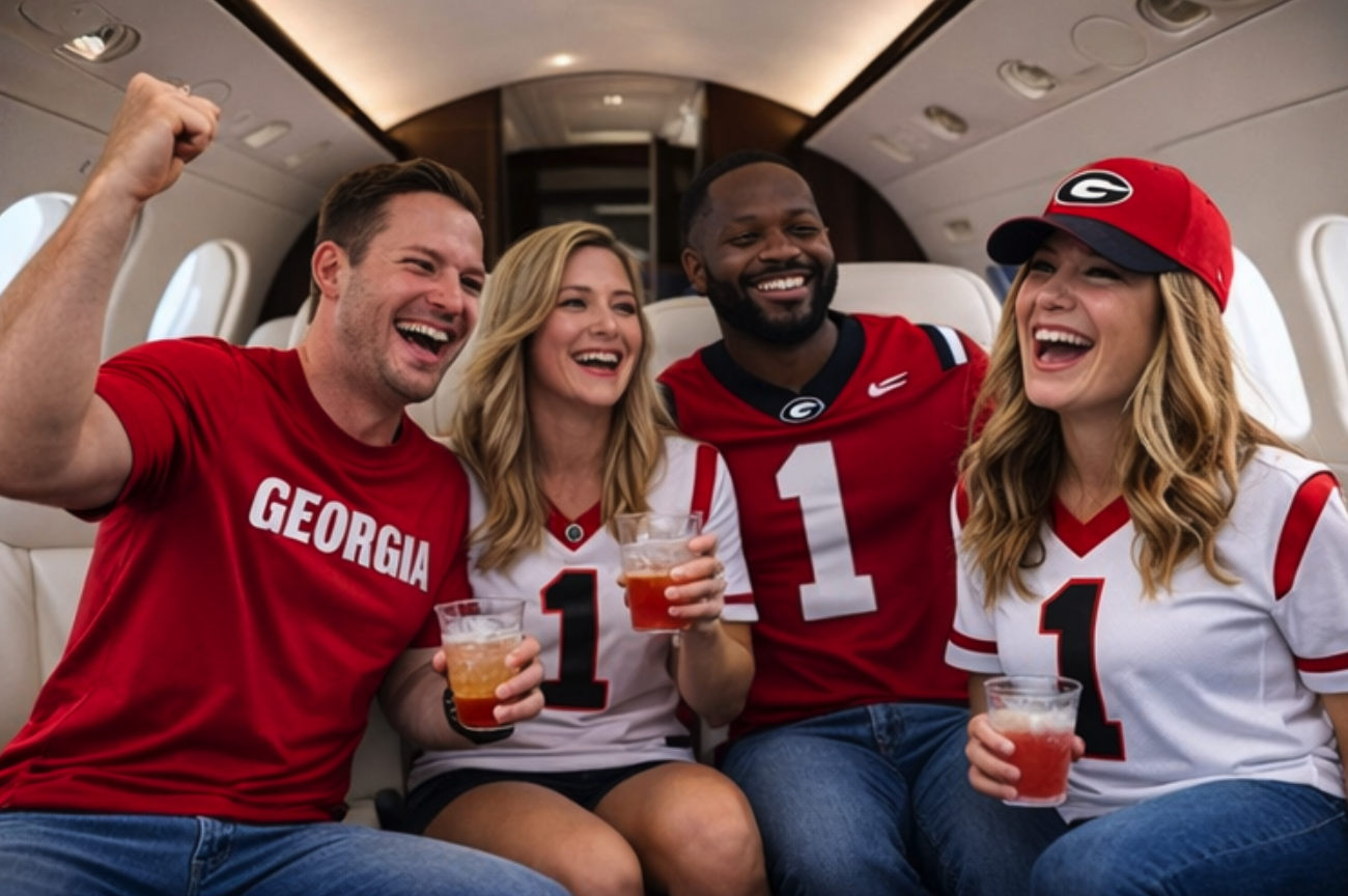 Georgia Bulldogs fans traveling together by private aircraft to an away game