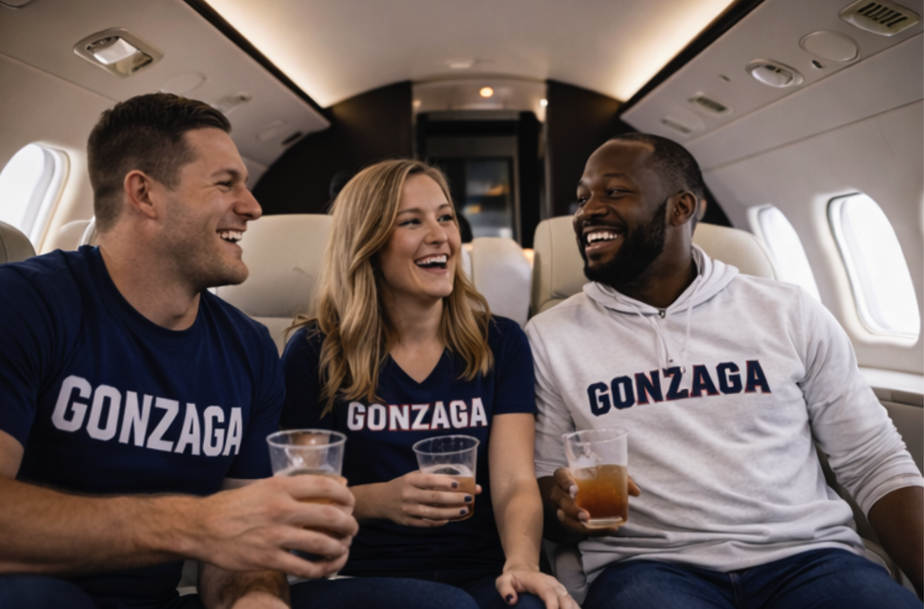 Gonzaga Bulldogs fans traveling together by private aircraft to an away game