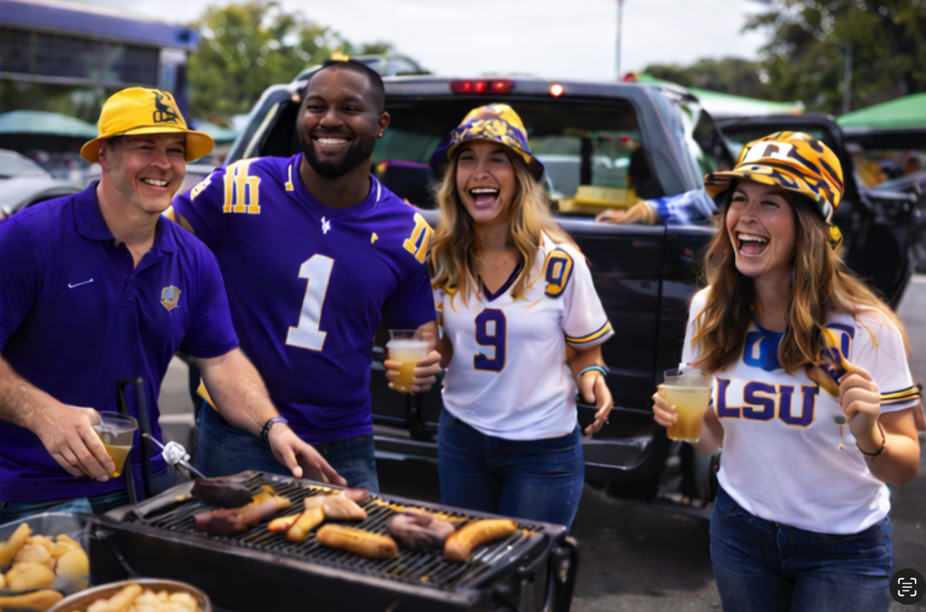 Away game tailgate energy for LSU Tigers fans traveling privately
