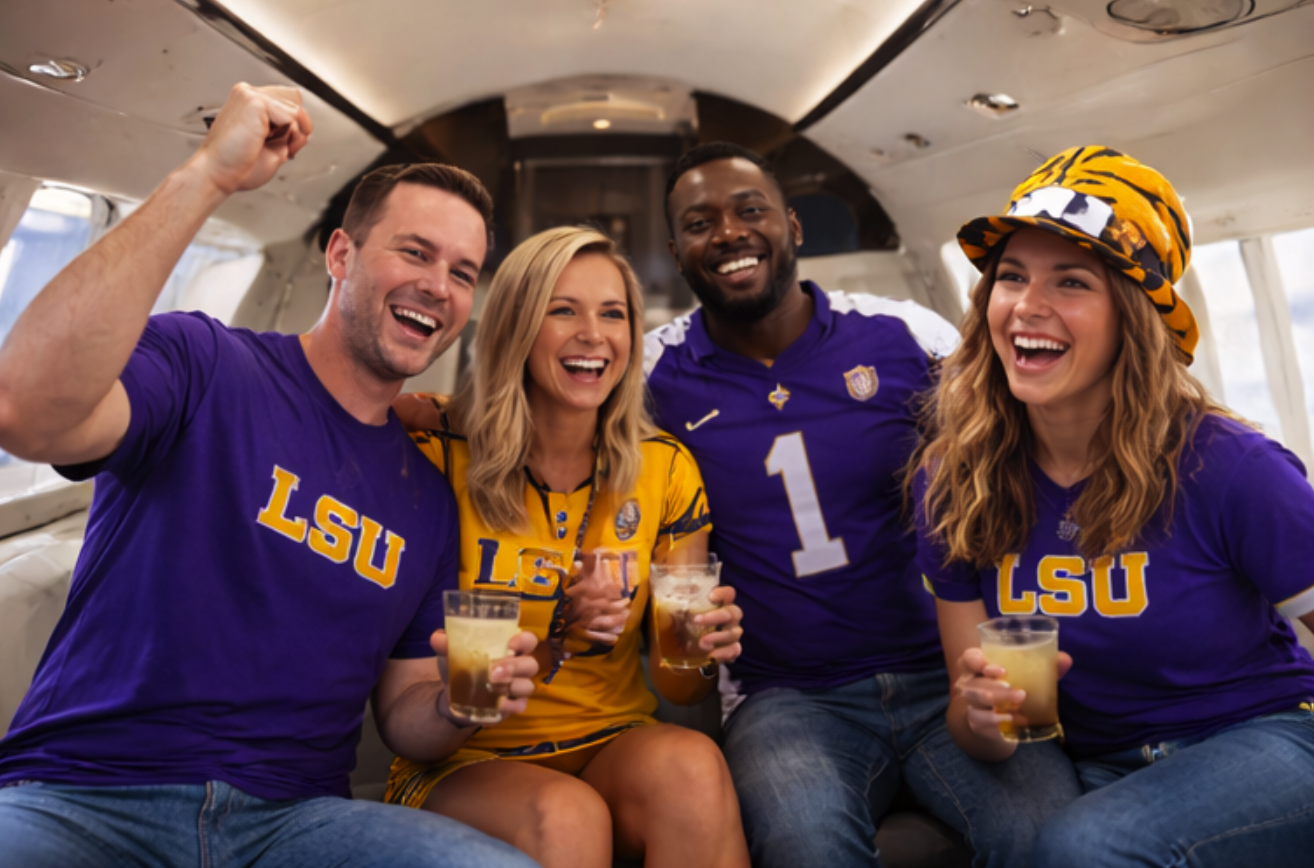 LSU Tigers fans traveling together by private aircraft to an away game