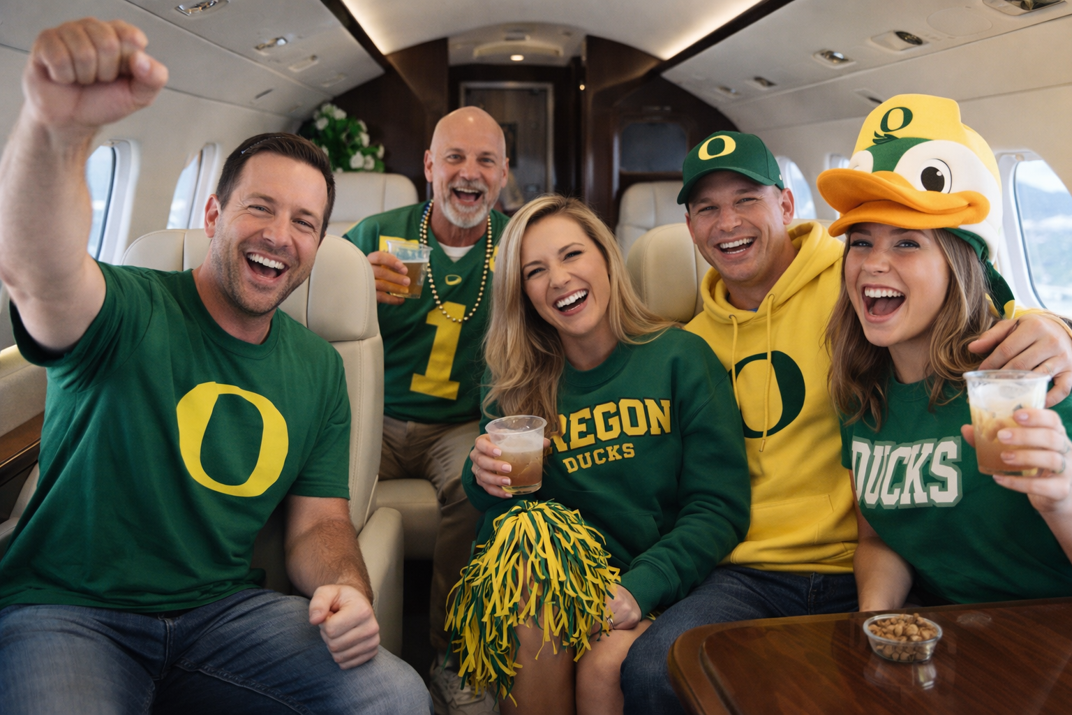 Oregon Ducks fans traveling together by private aircraft to an away game